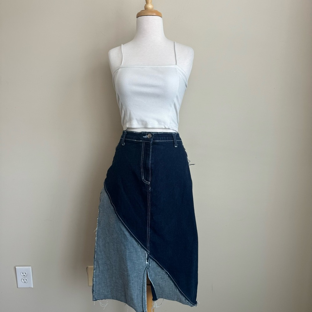 VINTAGE Y2K COLOR BLOCK DENIM MIDI SKIRT